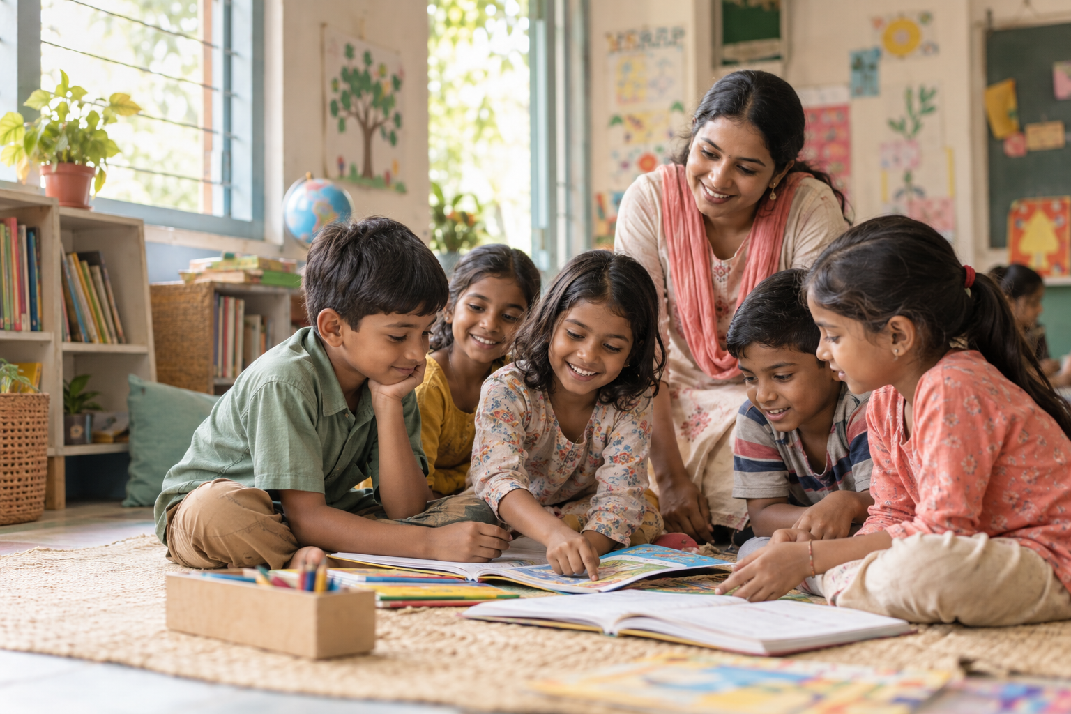 Children and a teacher sharing a storybook in a welcoming classroom